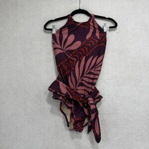 Hermoza Swimsuit Womens 10 Purple Pink One Piece High Neck Peplum Tie Belt